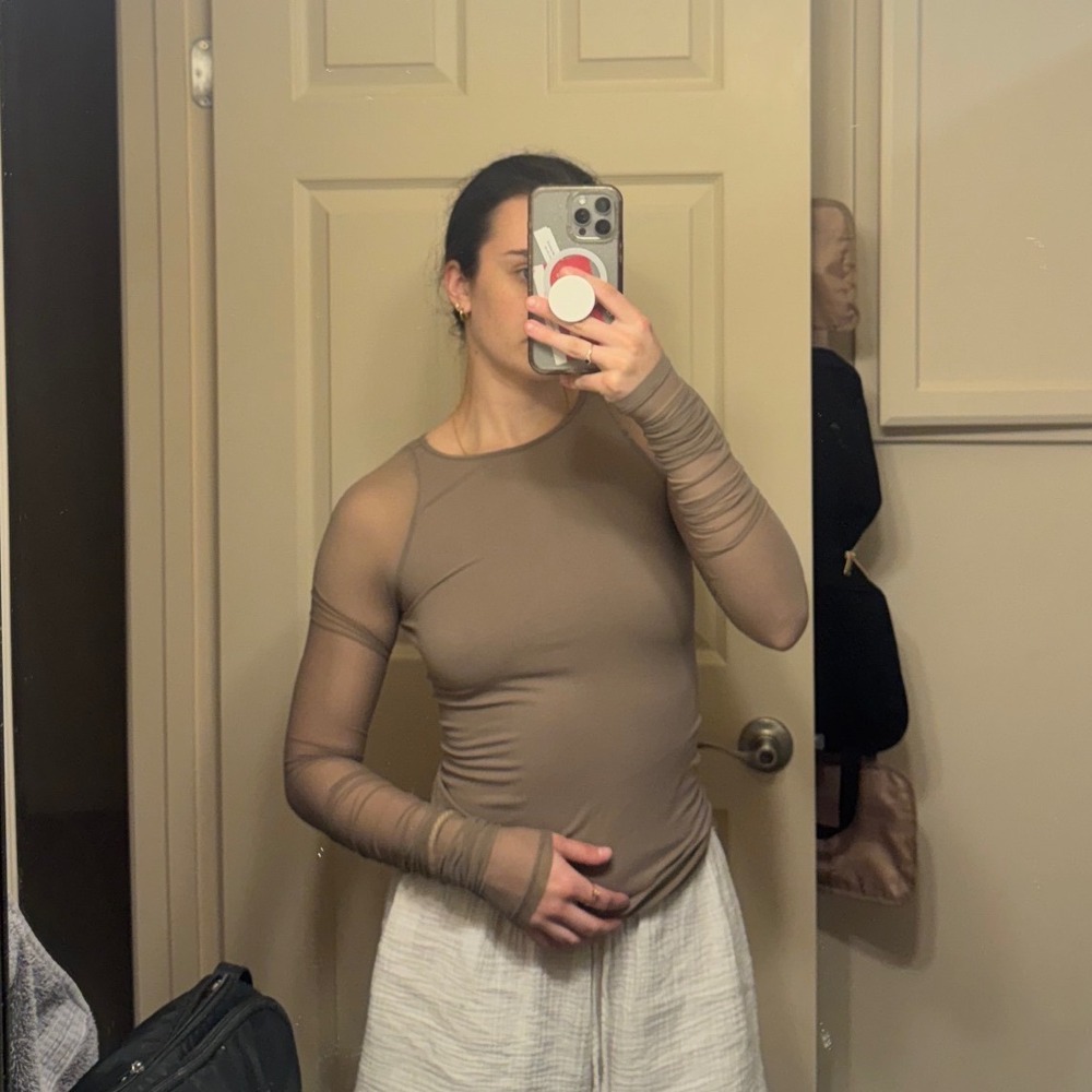Free People Intimately Sheer Mesh Long Sleeve Top Taupe Mauve XS S OB1105151